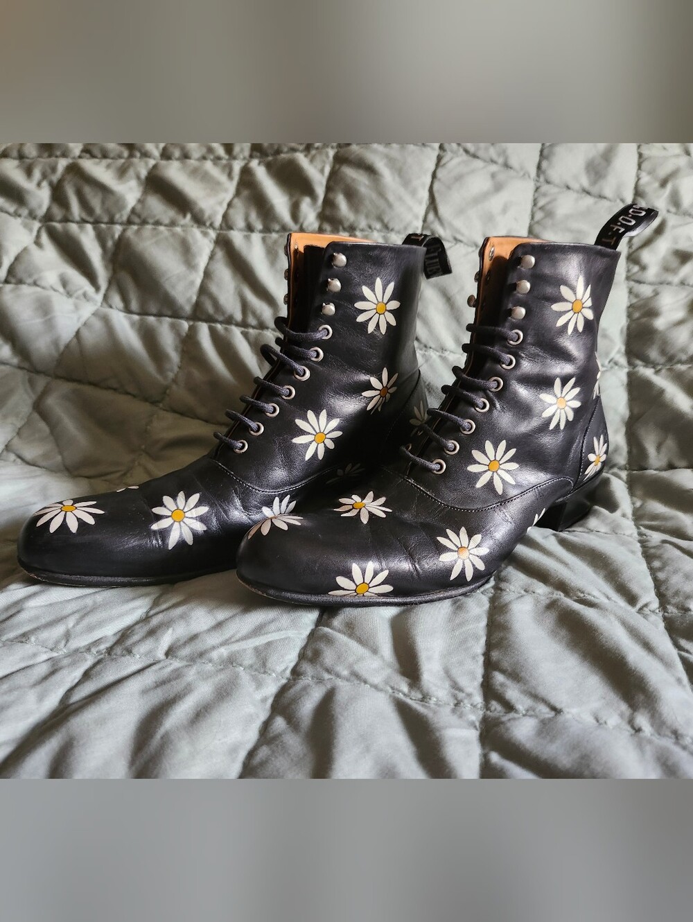 John Fluevog Eugene Men's Black Leather Lace-Up Boots with Daisy Print